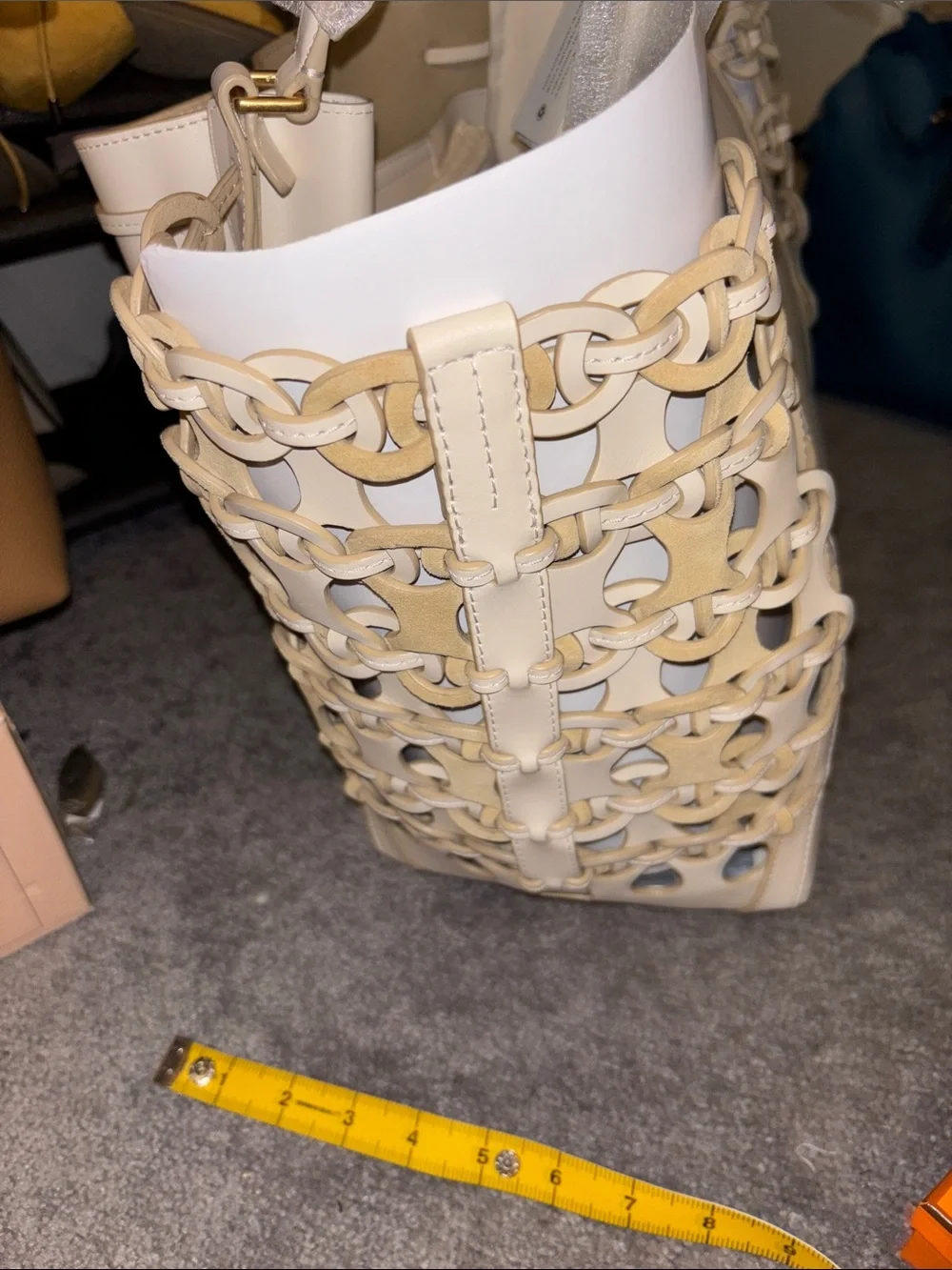 Tory Burch Cream Leather Lattice-Trim Drawstring Tote